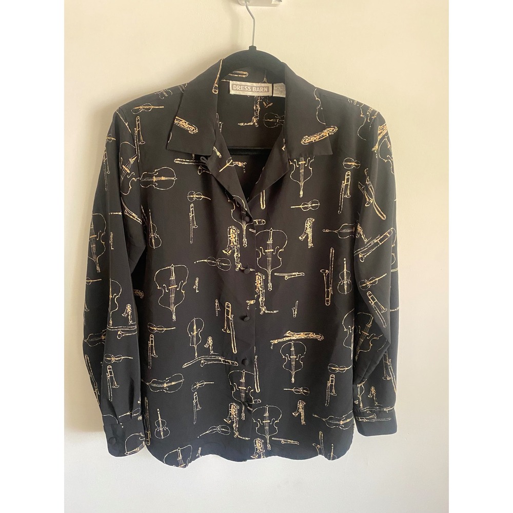 Dress Barn Womens Small Black Gold Musical Instrument Print Button Down Blouse
